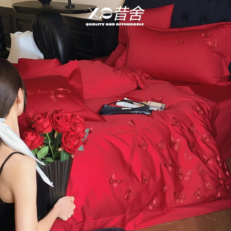 中式婚庆四件套100S长绒棉红色蝴蝶刺绣被套结婚纯棉床单床上用品
