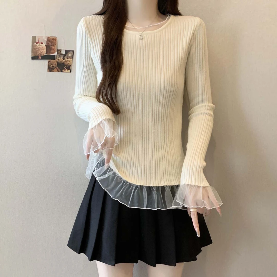 假两件圆领网纱拼接打底针织衫女大码胖妹妹百搭修身显瘦内搭上衣