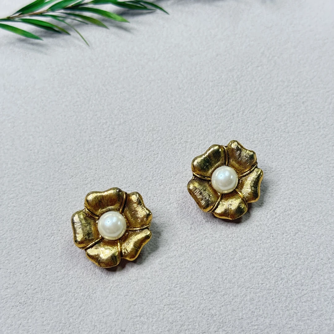 铜合金仿珍珠耳饰 【六六中古】孤品复古玫瑰耳夹te1565