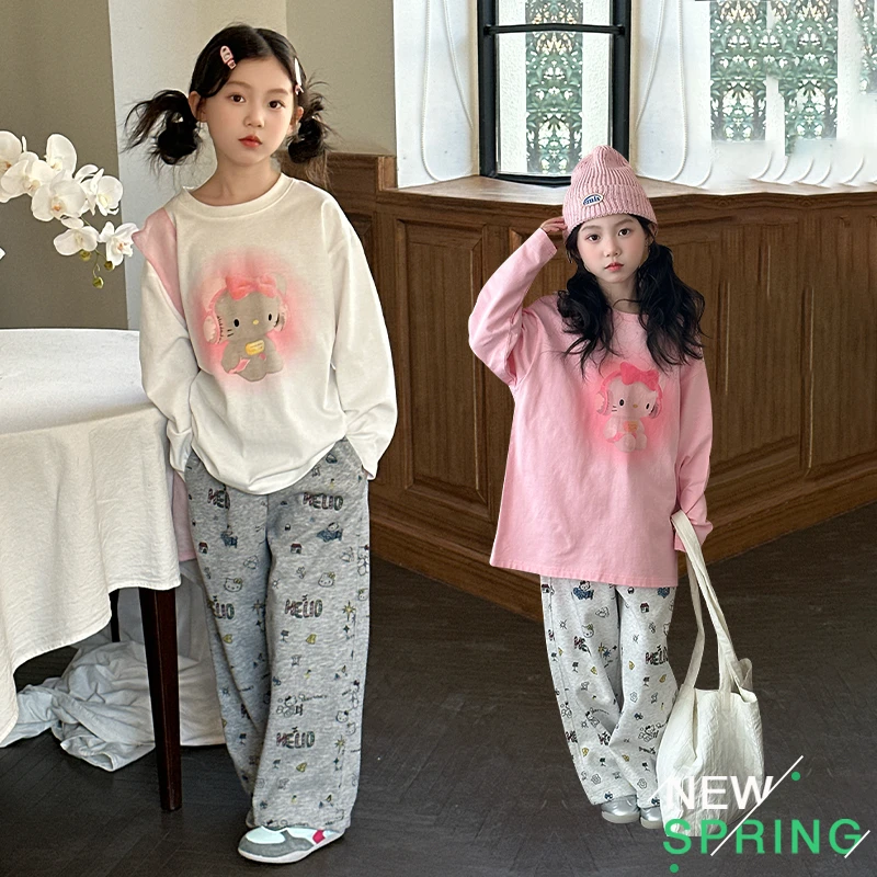 2025新款套装卡通长袖t恤可爱长裤运动卫裤宽松慵懒风ins百搭女孩