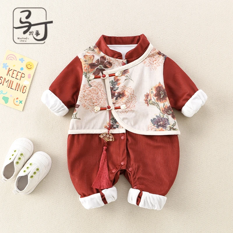 百天婴儿衣服春装连体衣新生宝宝国风中式外出服周岁春秋礼服外套