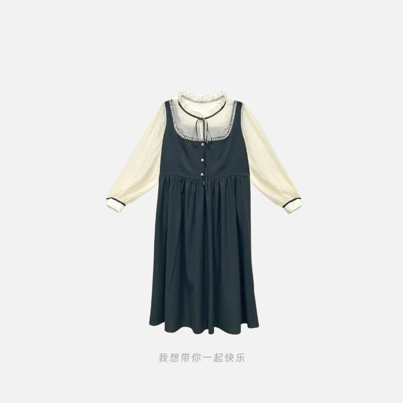 51092春季新款大码连衣裙系带蝴结裙子胖mm织带拼接假两件裙子