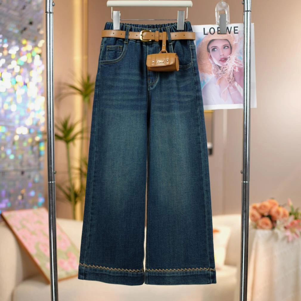 女童2025春秋季新款脚口绣花牛仔裤中大童时尚百搭儿童洋气直筒裤