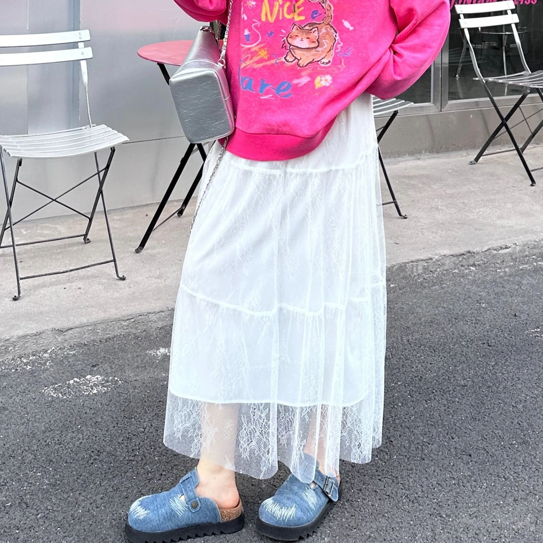 软软【时髦博物馆-裙子】松紧腰蕾丝网纱中长款时尚显瘦半身裙