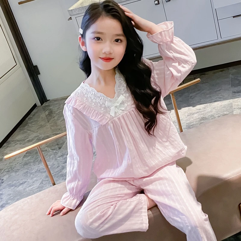 儿童蕾丝花边长袖睡衣女大童春秋季薄款棉布甜美公主风家居服套装
