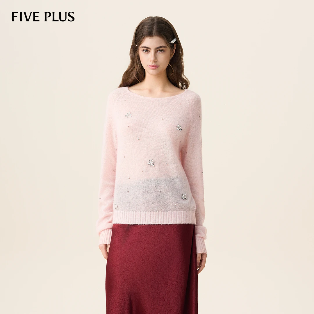 FIVE PLUS春装软糯羊毛针织衫女通勤马海毛套头衫长袖2SN1036150