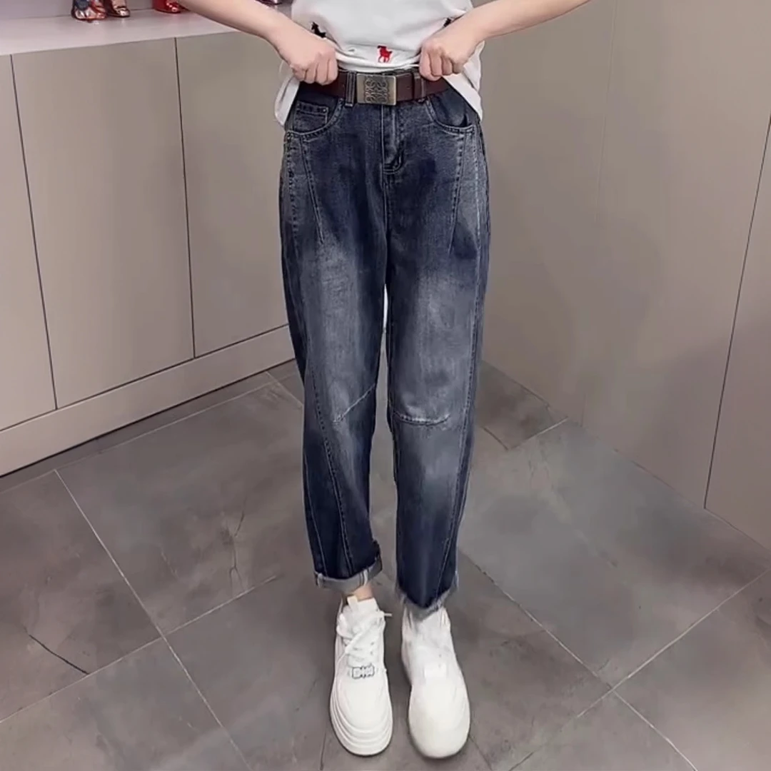 大码九分裤牛仔裤子女2025年春季新款梨形身材微胖穿搭哈伦老爹裤
