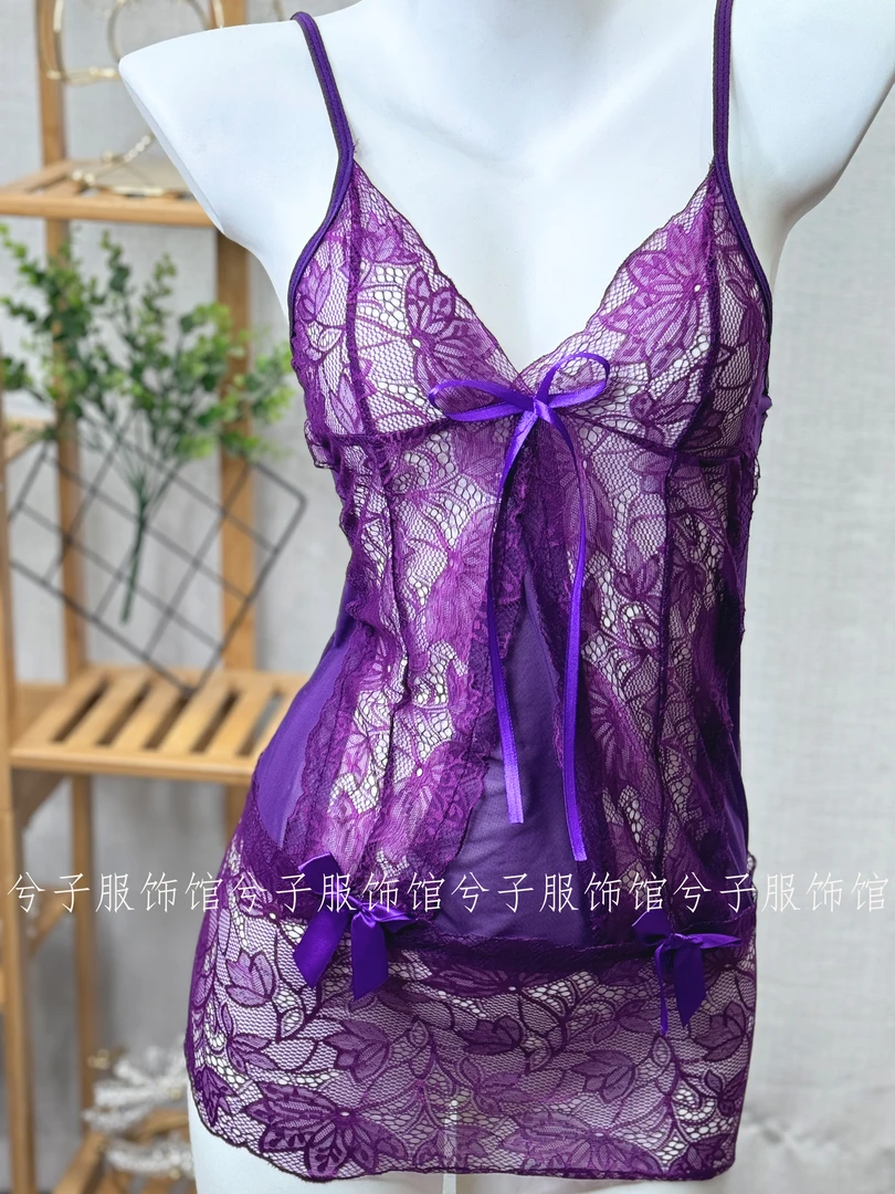 【暮云】80-120斤吊带紫色睡裙网纱美背镂空薄款