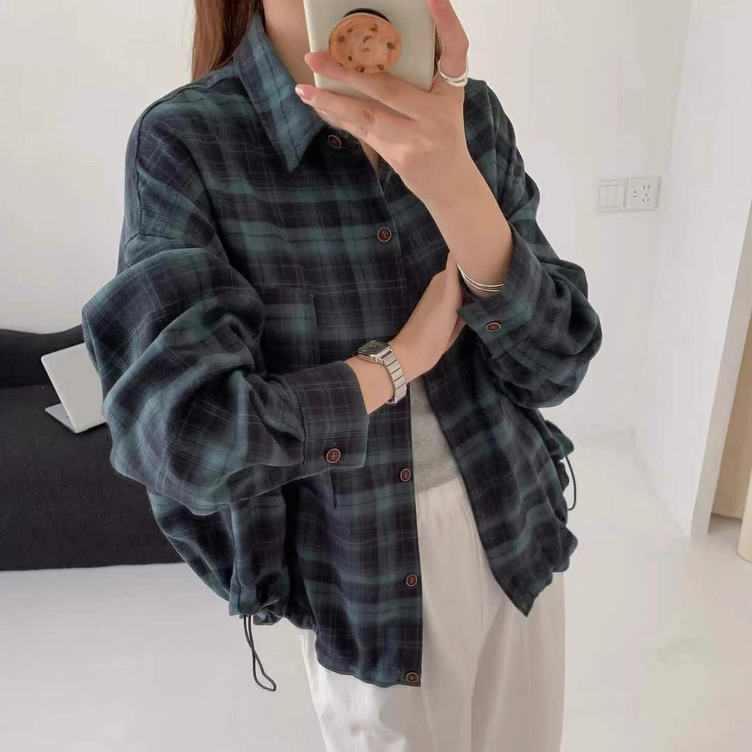 2025春秋款韩版宽松休闲百搭格子长袖衬衫女衬衣宽松休闲上衣外套