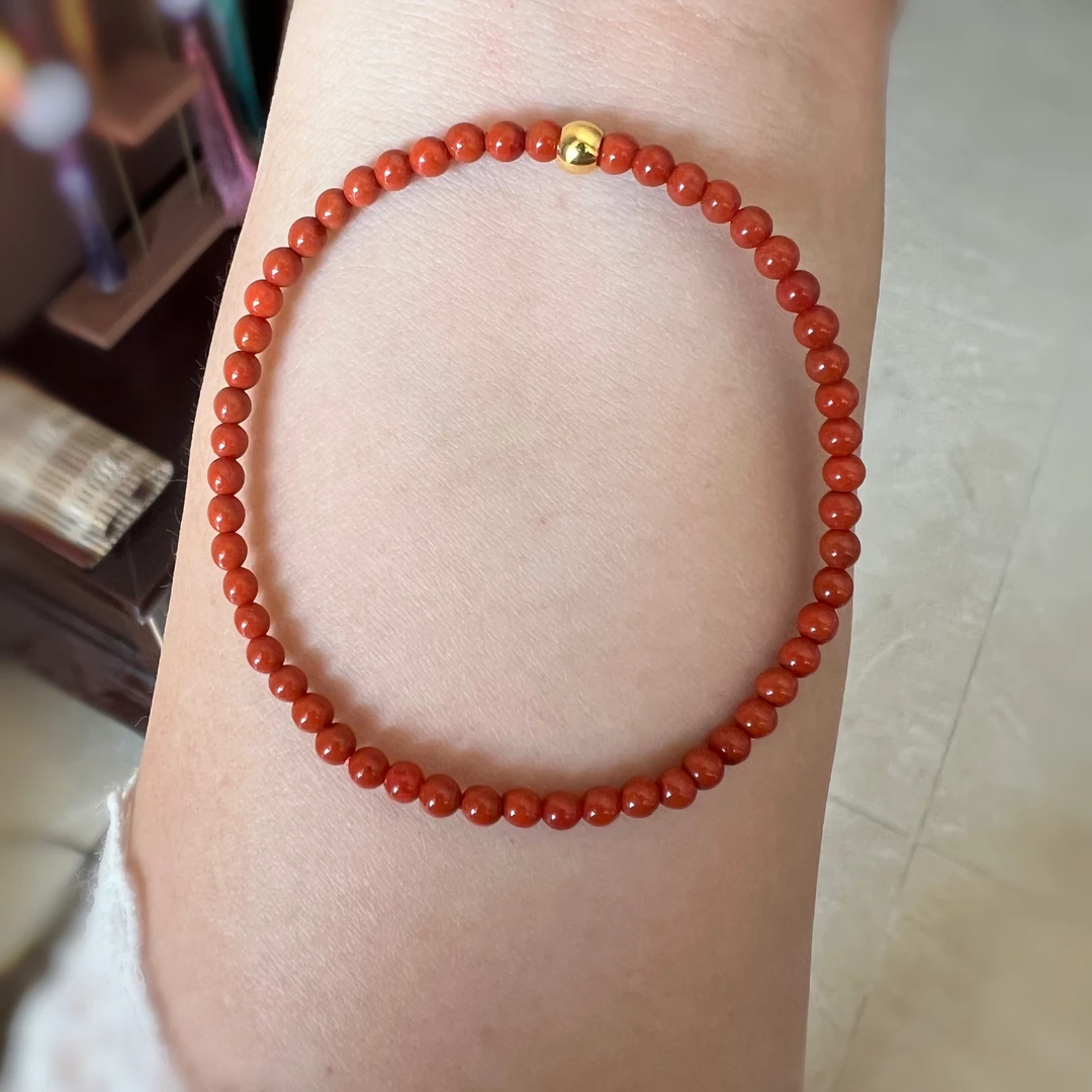 日进斗金·足金高级老柿子南红小米珠手链裸珠约3.6mm 金珠3.9mm