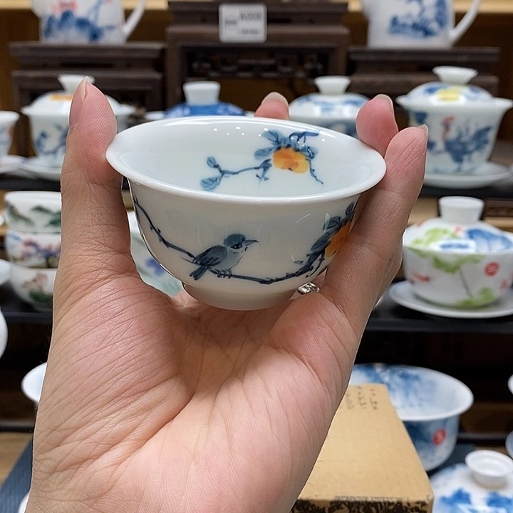 手绘喜柿图85cc永乐杯釉下彩微瑕福利款