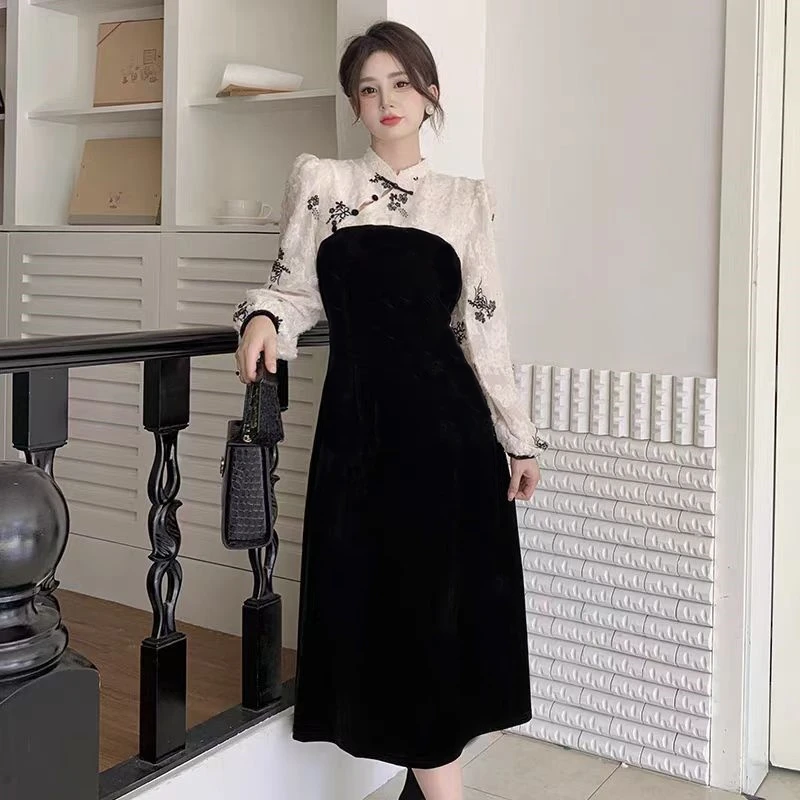 （80-200斤）新款大码微胖MM法式A字裙复古显瘦高腰黑色连衣裙1387