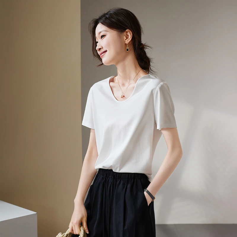 索菲丝尔【清爽天丝基础百搭】短袖T恤2025夏季休闲百搭上衣527036
