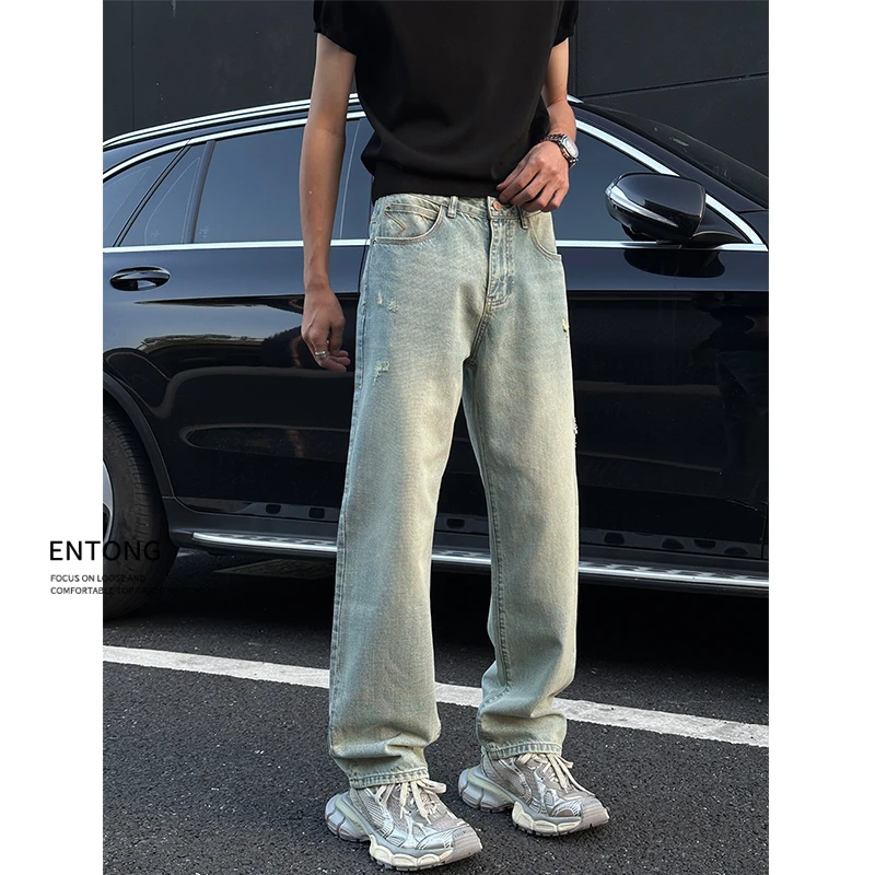 Entong美式潮牌街头宽松微喇牛仔裤男生水洗做旧cleanfit直筒裤子