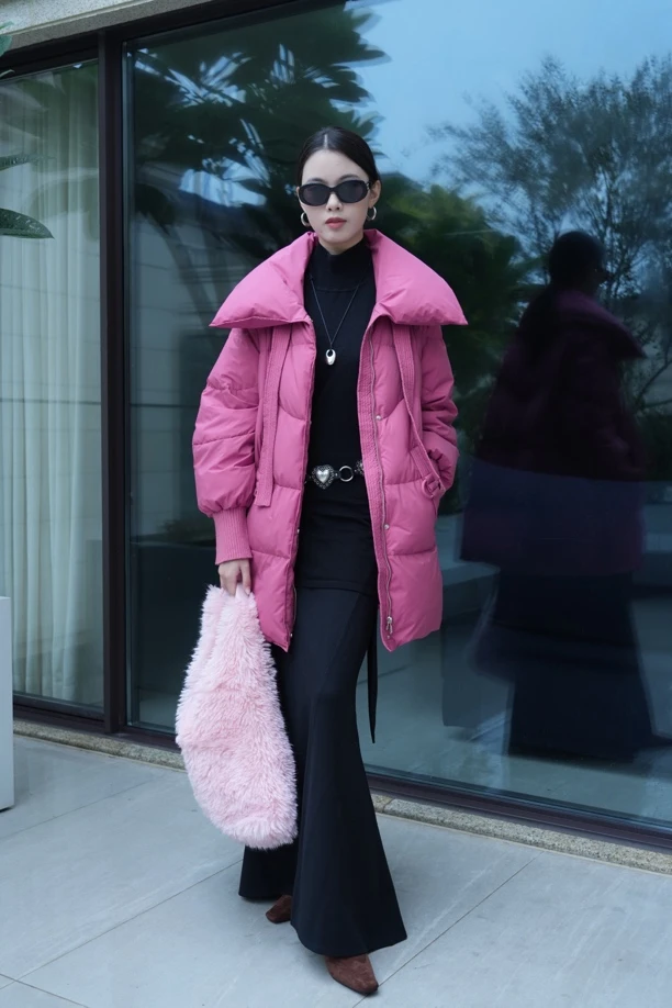 冬季女款毛领连帽中长款拼接立领加厚女装百搭秋冬羽绒服保暖