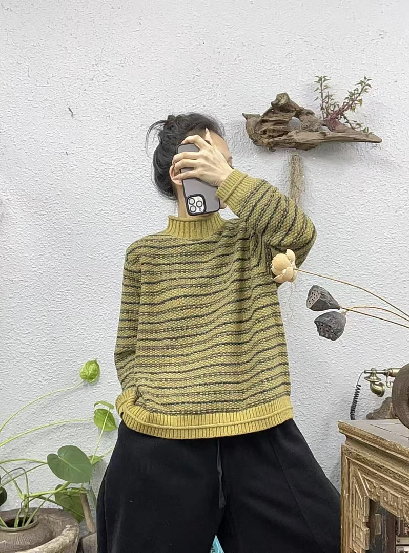 941783棉线高领拼色横条长袖上衣（长65胸围132