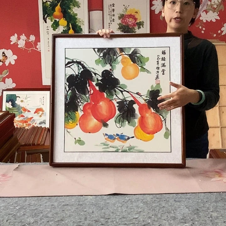 国画手写手绘带框包邮国画作品62✖️62