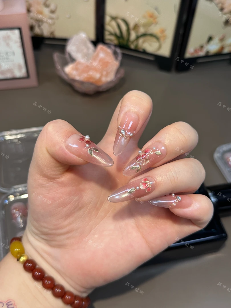 【红杏】苑中姑娘-猫眼水彩手绘花花-新中式气质显白-纯手工穿戴甲