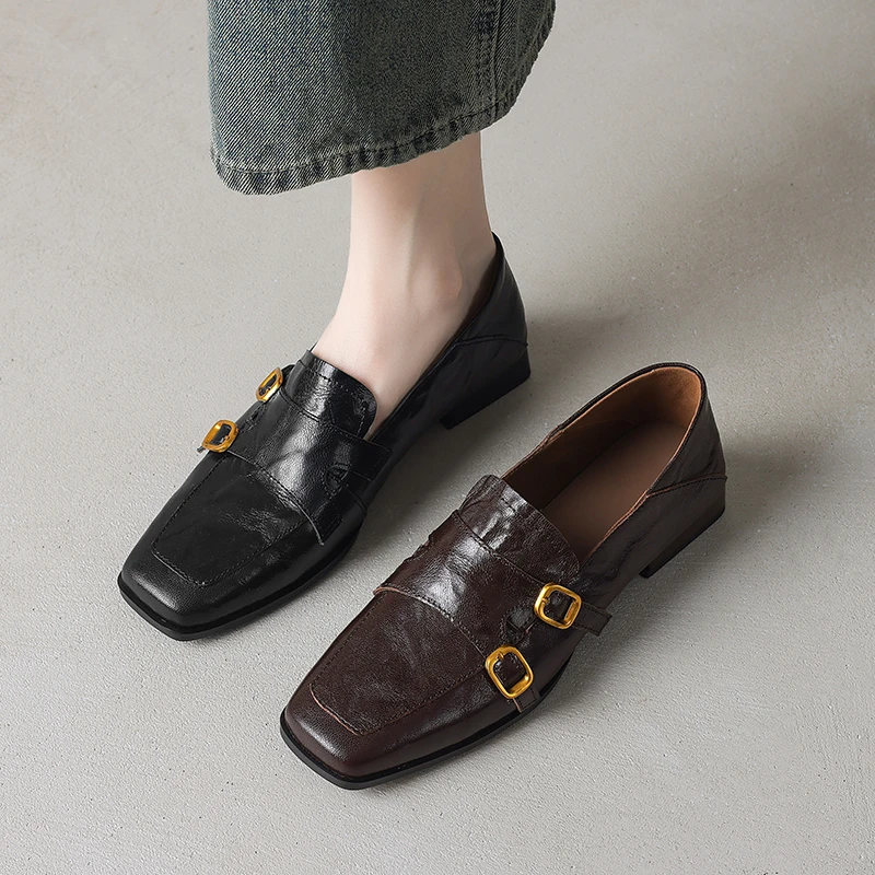 羊皮2.5cm单鞋女乐福鞋粗跟低跟小皮鞋2025春季新款方头法式复古