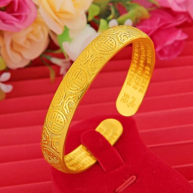 【门店正品】经典金色百福开口手镯时尚古法工艺轻奢百搭精美