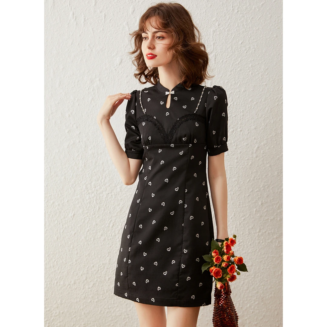 白鹿语夏款时尚气质优雅可拆卸链条修身小黑裙女装连衣裙ZYU10118