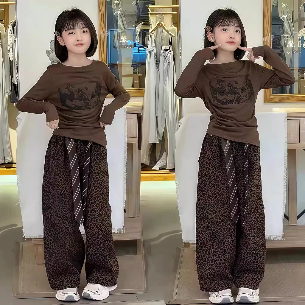 女童秋季套装新款潮流美式不规则打底衫酷飒飘带豹纹弯刀裤两件套