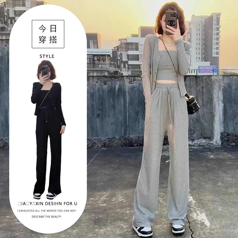 休闲运动套装女秋款新款流行港风高级感炸街韩版卫衣阔腿裤三件套