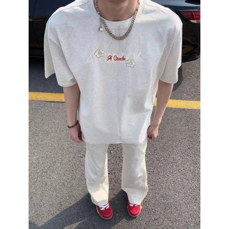 新款花卉刺绣高街短袖t恤女夏季设计感小众美式复古情侣半袖上衣