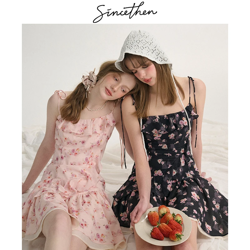 sincethen莫奈花房法式甜美碎花吊带裙夏连衣裙小个子短裙女春季