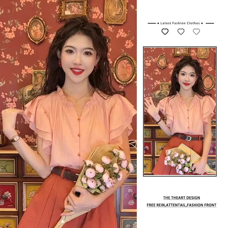 夏季套装女2025新款小飞袖衬衫女衬衣法式气质显瘦复古短裙两件套