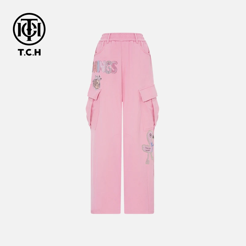 TCH私服秋款时尚休闲风烫钻淑女百搭粉色长裤T75C20E1119轻奢tch