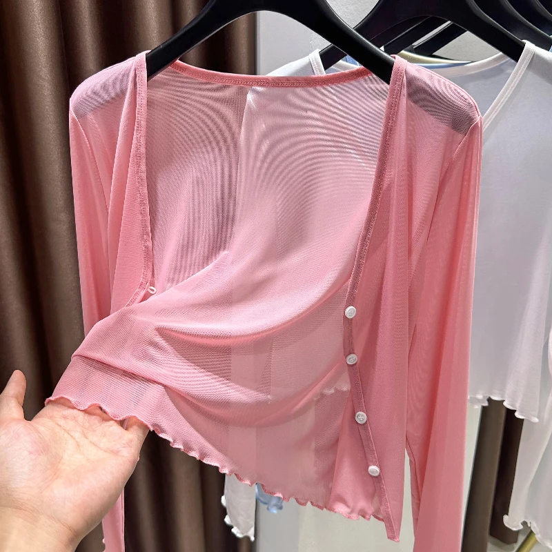 粉色冰丝网纱防晒空调衫披肩女夏季薄款开衫小外套吊带裙外搭罩衫