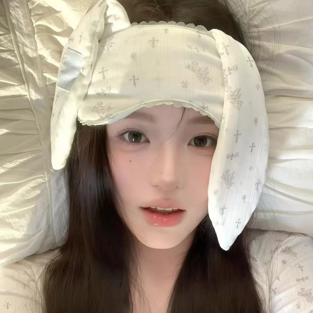 新款ins卡通可爱遮光花边眼罩兔耳不透光学生睡觉睡眠调节松紧Q