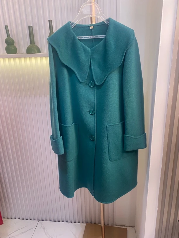 【H4510绿色双面外套2024年新款毛呢外套嫩黄色外套韩版