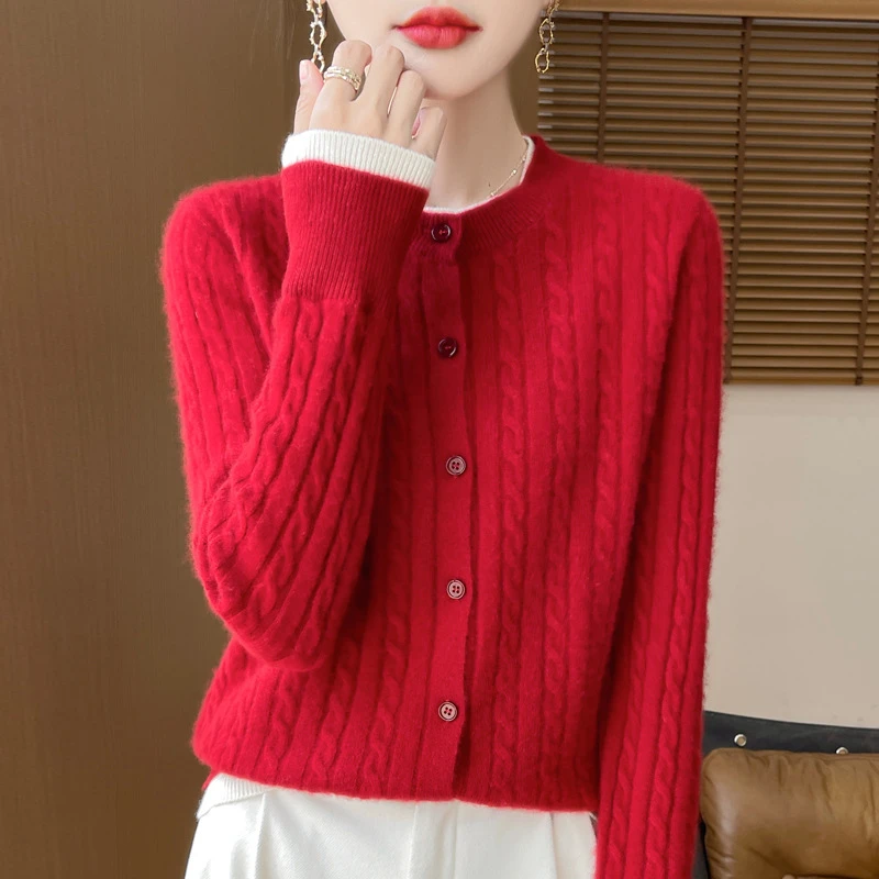 羊毛混纺25秋冬新款女装圆领小麻花拼色时尚保暖短款针织开衫外套