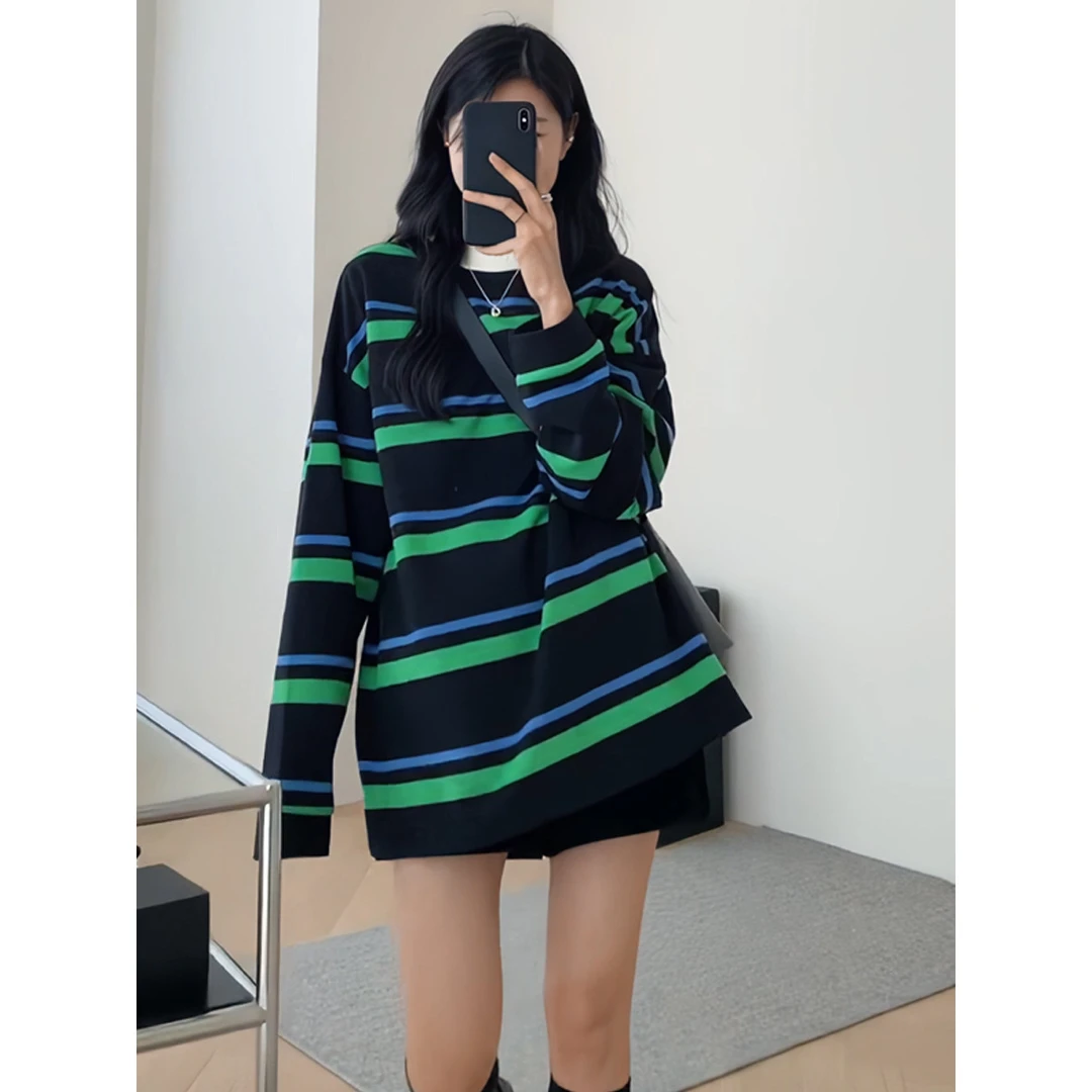 秋冬条纹拼色长袖卫衣女2025新款爆款高级感小众慵懒风上衣外套潮