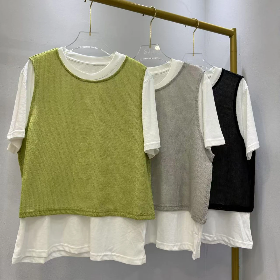 短袖极简风纯色圆领常规拼接T恤减龄无袖百搭撞色套装韩版