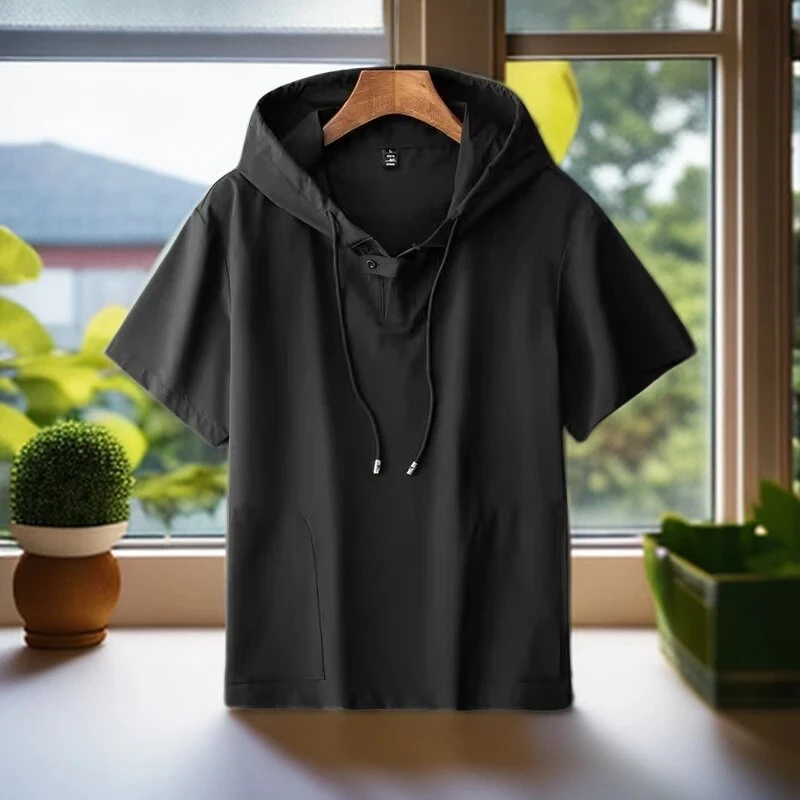 仓石一树联名夏季休闲带帽薄款清凉t恤ins宽松半袖男薄款加肥加大