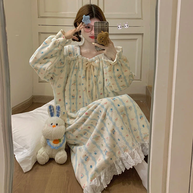 珊瑚绒睡衣春秋冬季保暖甜美可爱家居服公主睡裙