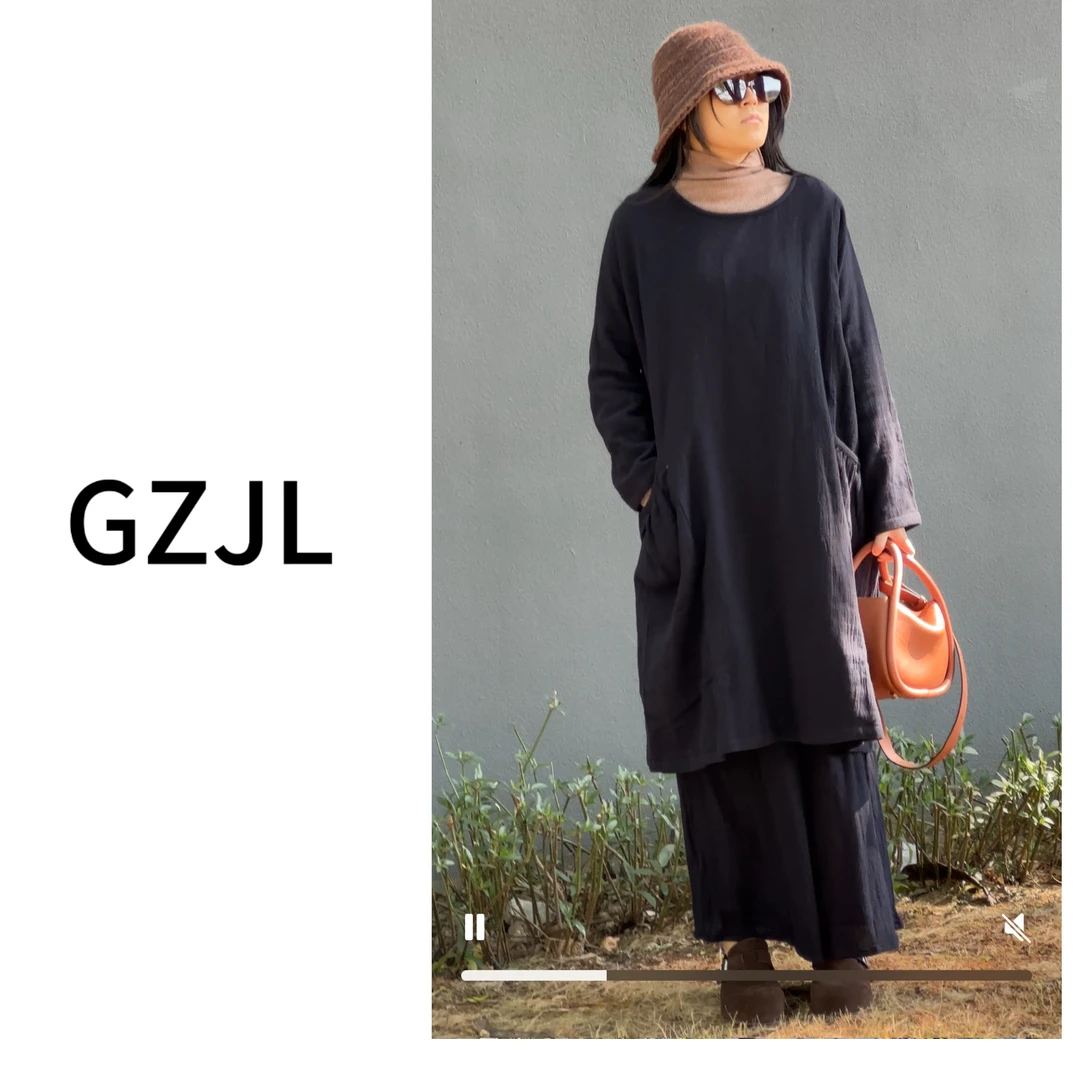 原创设计亚麻圆领气质长袖百搭纯色宽松大袍子连衣裙套装加厚