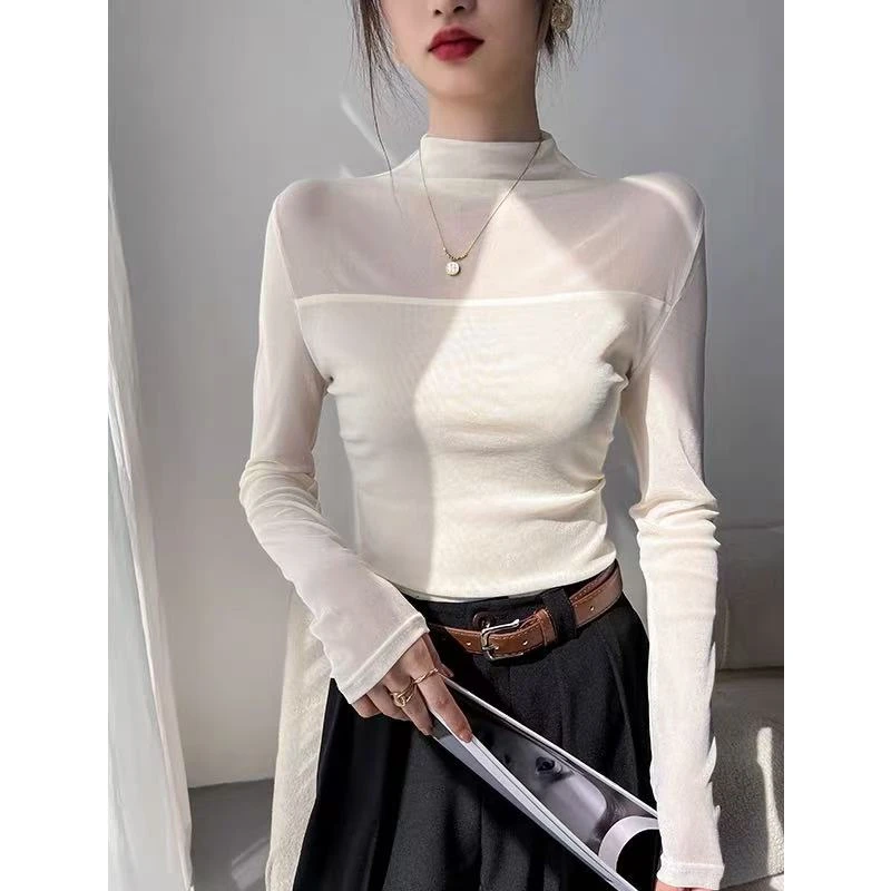 半高领网纱气质打底衫女春秋季百搭洋气修身显瘦长袖T恤内搭上衣