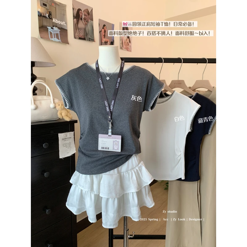 韩系抽褶重工明线设计泡菜小姐夏季宽松显瘦落肩袖纯色短袖T恤女