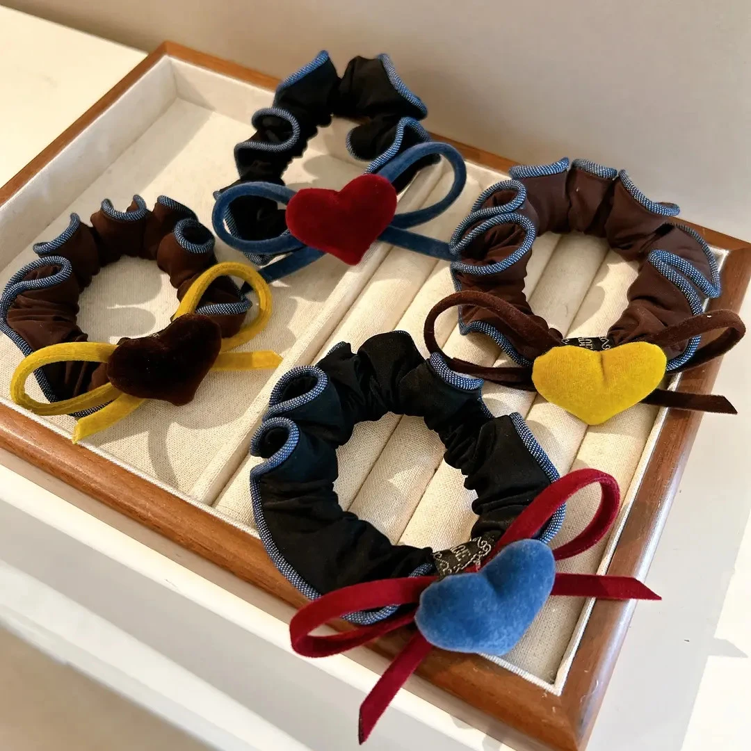 新款韩式风格简约时髦百搭植绒红心蝴蝶结大肠圈发圈头绳皮筋头饰