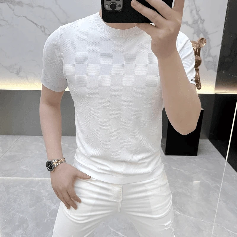 2025欧货轻奢男士针织冰丝半袖上衣潮流印花时尚百搭夏季短袖T恤