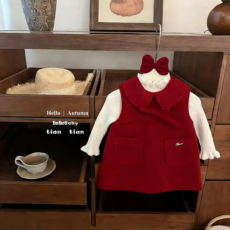 女童呢子背心裙儿童冬装洋气公主裙周岁马甲裙过年服韩版原创裙子