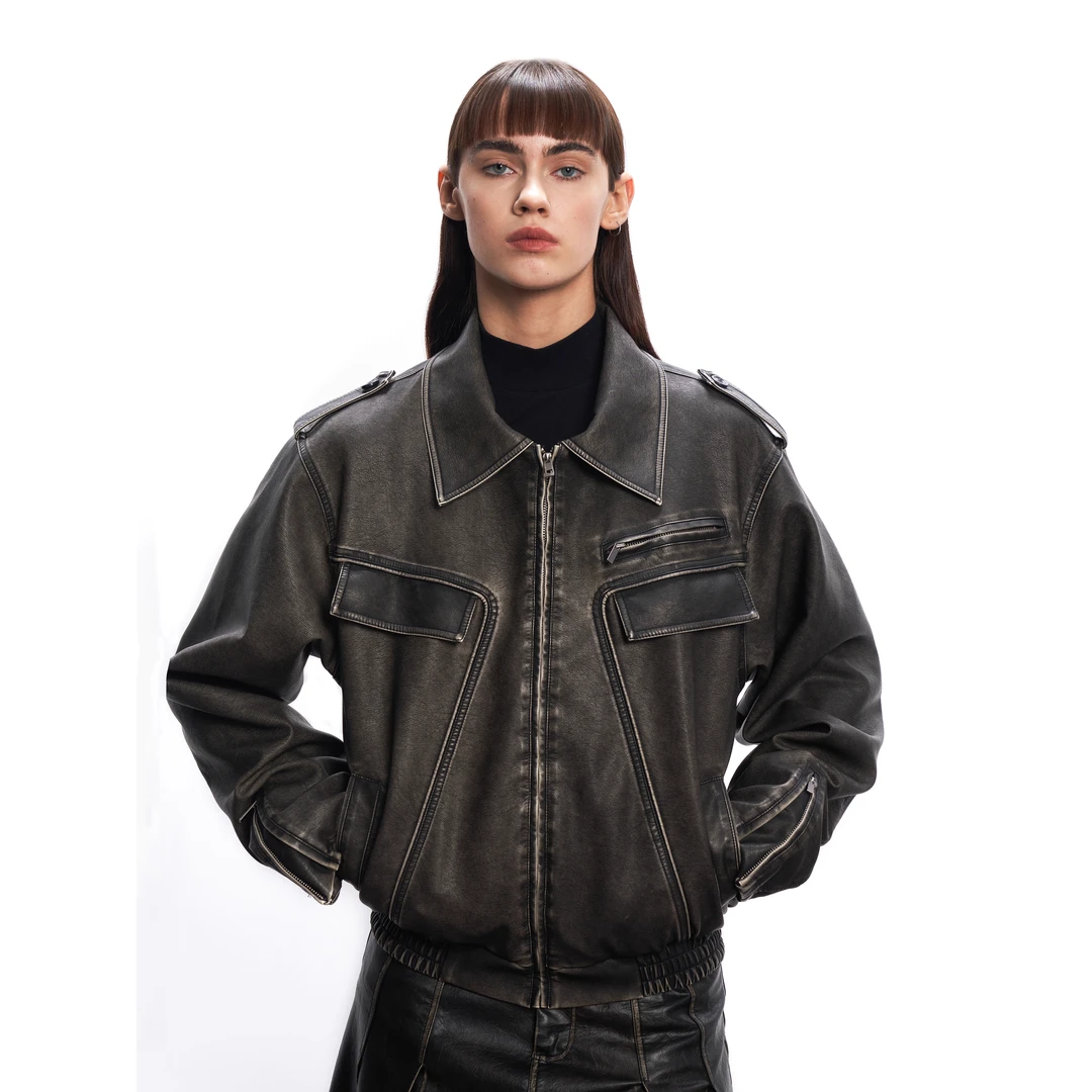 RustyNaill夹棉复古水洗做旧宽松廓形高级感垫肩皮夹克外套