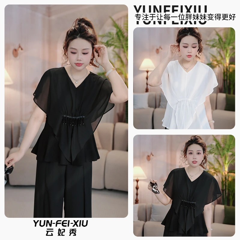 云妃秀大码女装雪纺衫休闲时尚胖妹妹显瘦宽松百搭遮上衣夏78115