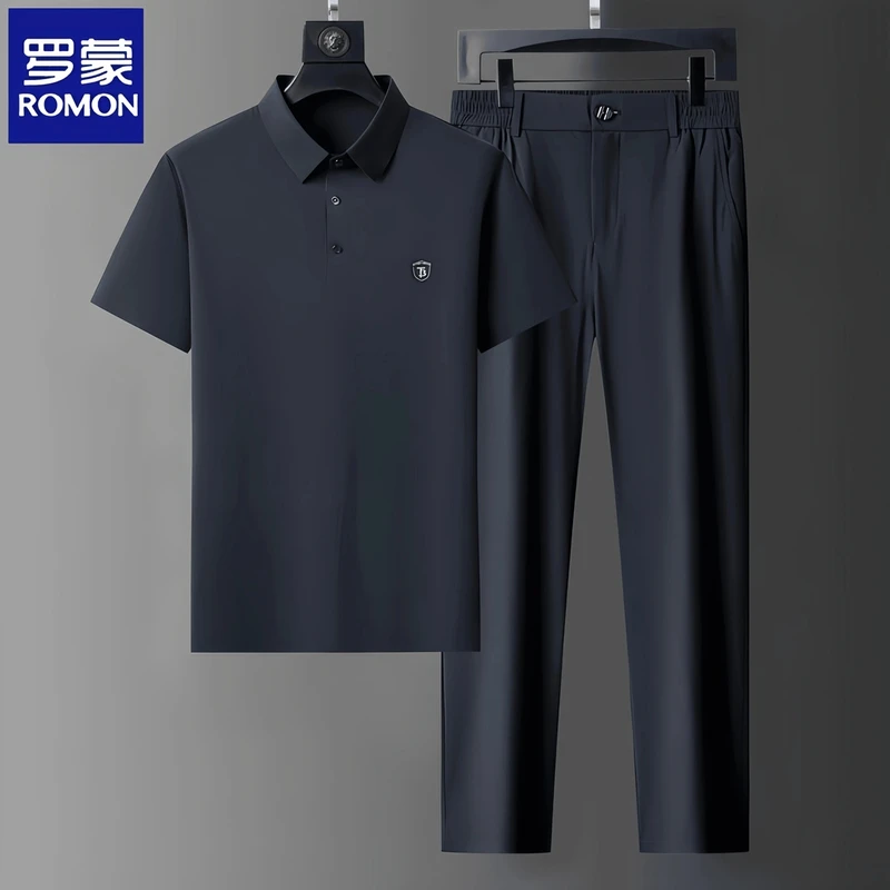 Romon/罗蒙男士丝滑无痕冰丝套装凉感短袖POLO衫速干直筒时尚休闲