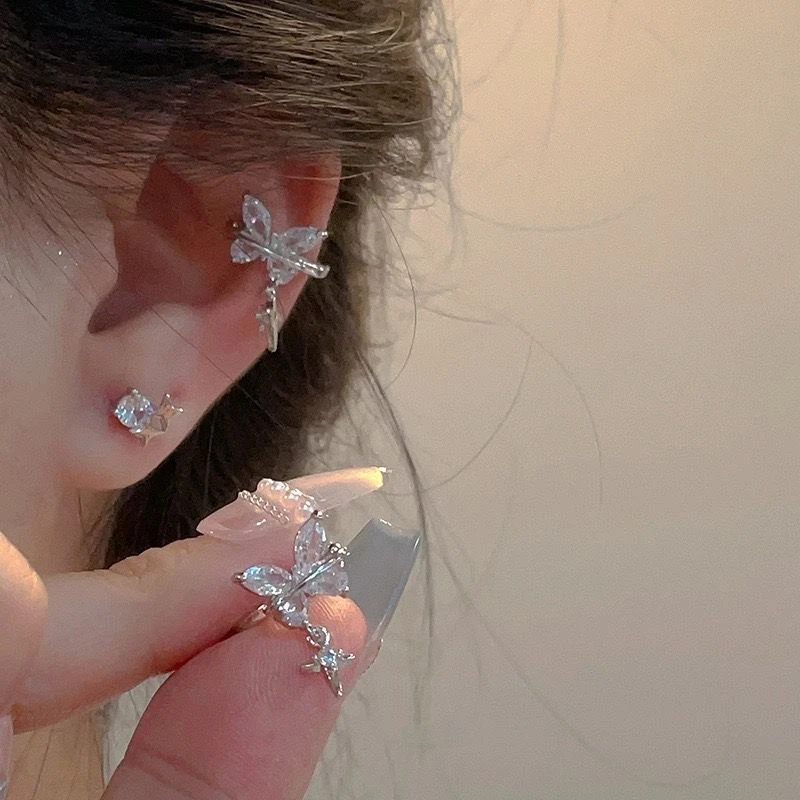 甜欲系超闪锆石蝴蝶吊坠耳骨夹精致氛围感耳夹无耳洞小众设计耳饰