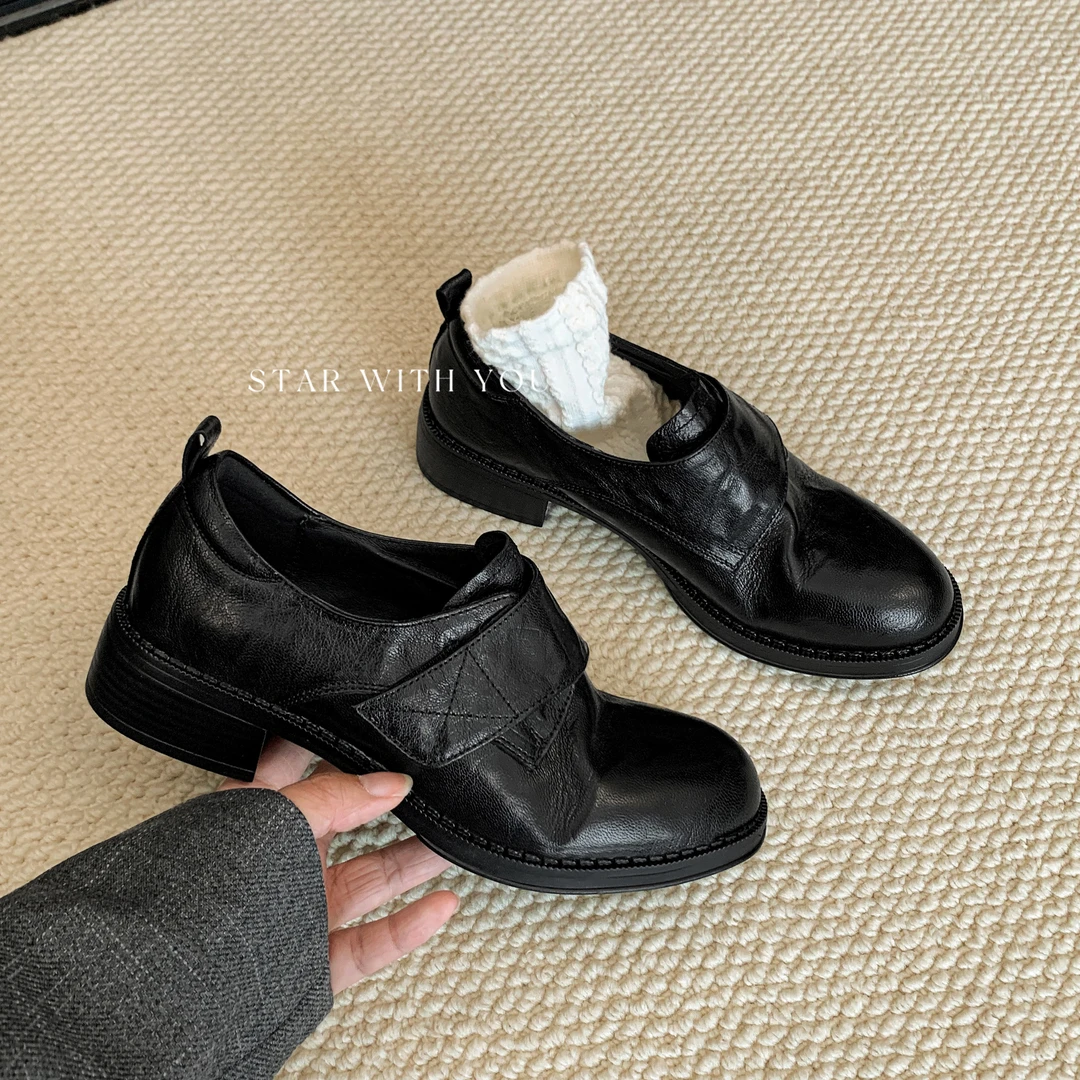 【STAR】厚底简约英伦风魔术贴圆头复古时尚粗跟静音乐福鞋3/5/7cm